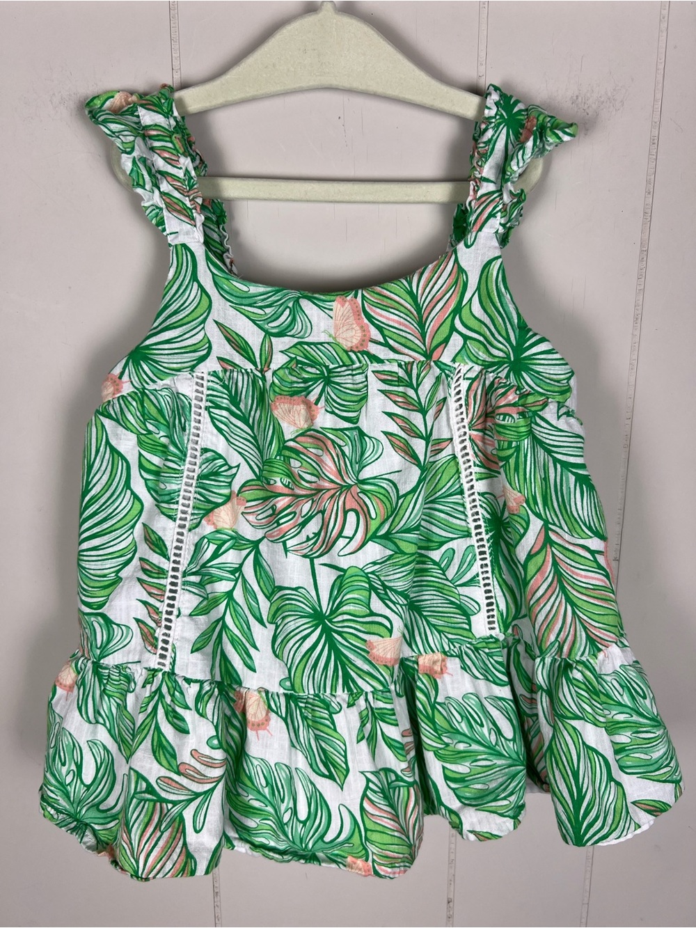 Tommy Bahama Tropical Leaf Ruffle Tank Green & Pink Butterfly Buttons Size 7/8